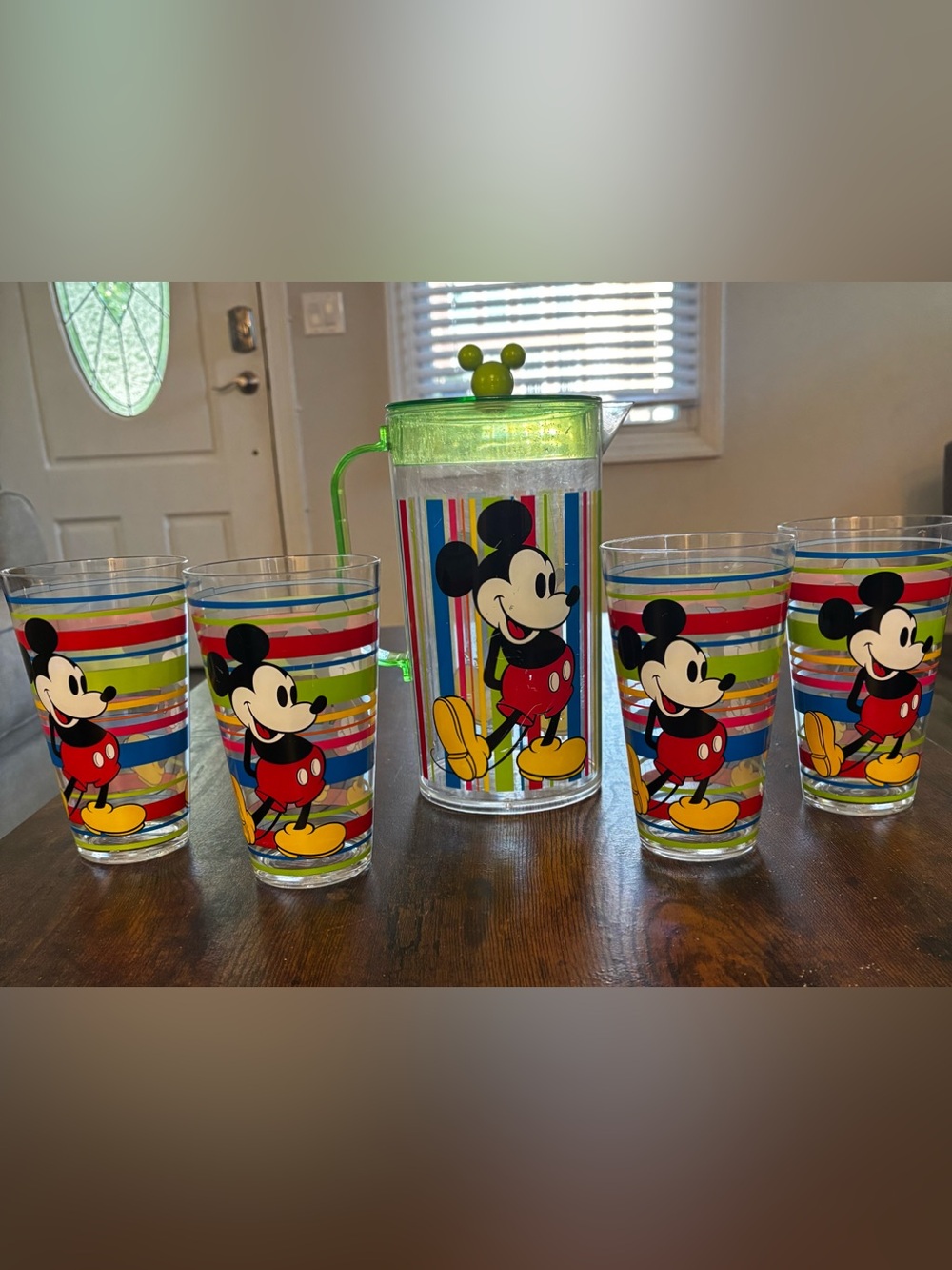 Disney Mickey Mouse Melamine Pitcher And 4 Cup Set Colorful Striped